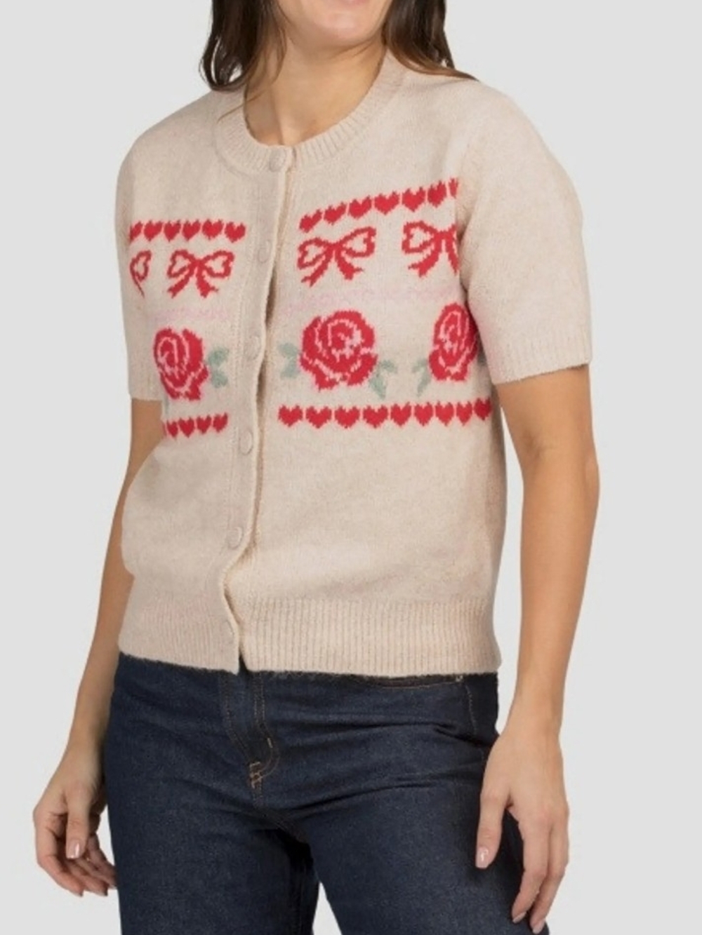 cupcakes & cashmere Cream Short-Sleeve Cardigan with Red Rose and Bow Jacquard